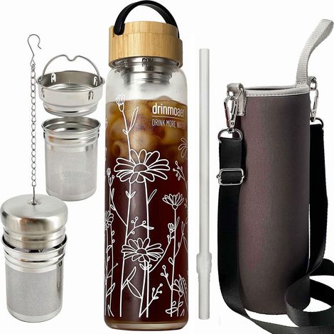 Drinmoaer Glas Trinkflasche 1l Bambus Deckel Teehülle Sieb to go Flower (1/5)