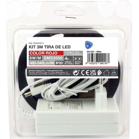 Kit 3M Tira de LED 6W/M IP20 Rojo preparado