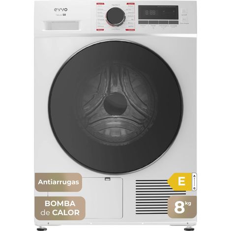 EVVO Secadora 8 kg bomba de calor S8, Clase energética E, Airfresh, Sensor de humedad, Antiarrugas, Inicio diferido, blanco