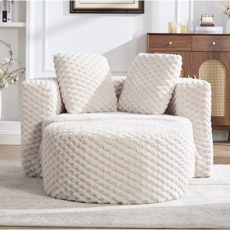 Fauteuil en mousse avec repose-pieds en tissu effet fausse fourrure beige 129x116x65 cm, sans montage (1/5)