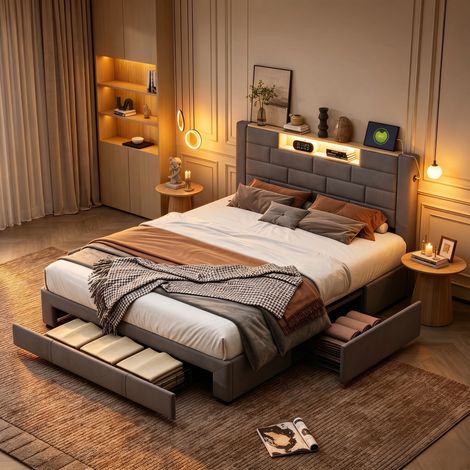 Letto contenitore 160x200 cm in velluto con cassetti, LED e USB, letto matrimoniale imbottito, rete a doghe