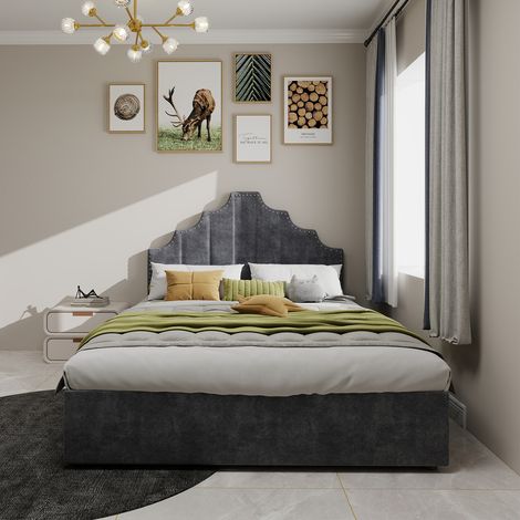 Cama baúl adulto de 140x200 cm con cabecero de diseño geométrico y base de láminas, sin fondo, sin colchón, de terciopelo, gris (1/5)