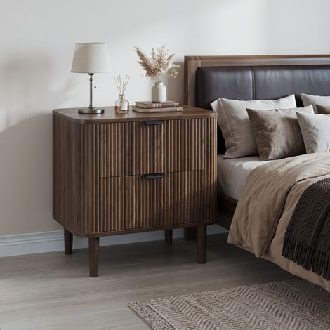 Table de chevet 57x40x57 cm MDF mélaminé décor noyer, 2 tiroirs pour chambre - CHICFURN (1/5)
