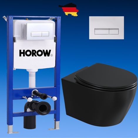 Pack WC Vorwandelement + Schwarz WC Toilette spülrandlos mit Befestigungen + Weiße Platte HOROW