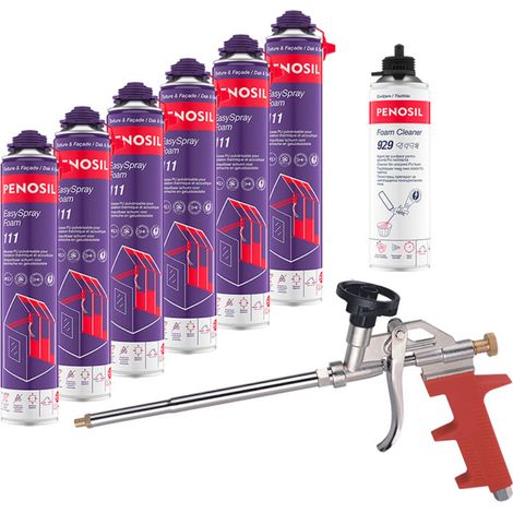 PENOSIL Pack de 6 Mousses PU Pulvérisables EasySpray Foam 111 700ml + Nettoyant FoamCleaner 929 500ml Penosil + Pistolet
