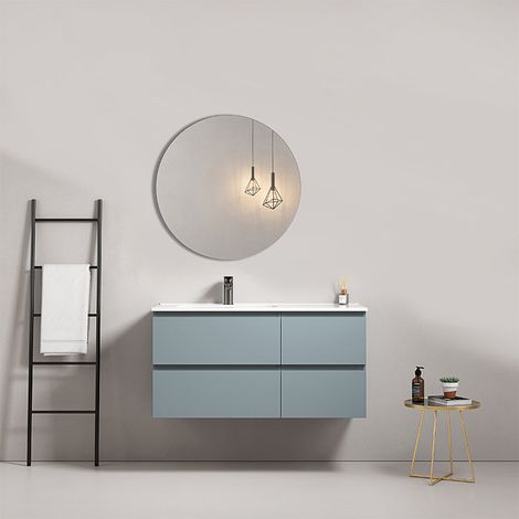 Mobile bagno sospeso 100 cm Blu Avio Lavabo a Sinistra in Ceramica Specchio Tondo - Fiji Paint (1/5)