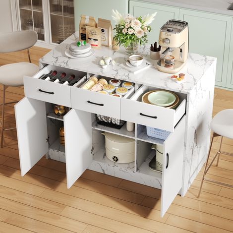 Mesa cocina con almacenamiento y barra mármol blanco OKMYHOME