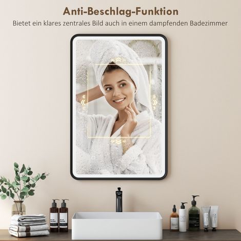 Miroir de salle de bain LED 90x60 cm, lumineux, 3 températures de couleur, variateur d'intensité, fonction mémoire, pose horizontale ou verticale, noir (1/5)