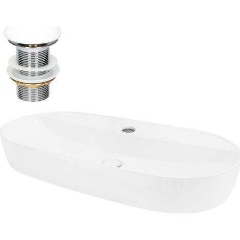 ML-Design Lavabo de Cerámica Ovalado 80x40x12 cm Blanco Fregadero de Pared o Sobre Encimera Pila de Diseño Moderno Minimalista Lavamanos para Baño o Aseo con Agujero para Grifo y Juego de Desagüe (1/5)