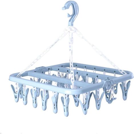 Etendoir Chaussette, Étendoir à Linge à Suspendre avec 32 Pinces en à l'épreuve du Vent, Séchoir Chaussettes Pliable Lingerie pour Chaussettes,Sous-vêtements,Vêtements de Bébé,Serviettes(Bleu) (1/5)