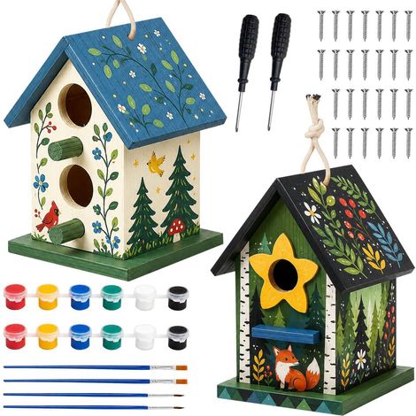 Vogelhaus Bausatz zum Bemalen, 2 Stück Holz Bastelset für Kinder & Erwachsene (1/4)