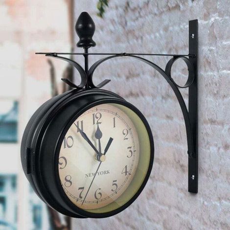Orologio da parete vintage a doppia faccia: pannello in vetro a doppio strato, base elegante, adatto sia per interni che per esterni. (1/4)