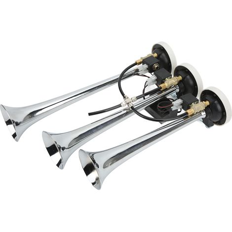 Trompette Klaxon 3 Pièces 6 Mélodies Chromé 305/342/385x79mm 12V/24V pour Voiture, Camion, Bateau (1/5)