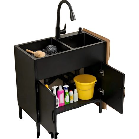 Meuble sous évier, Dimensions totales 75 x 41 cm, Grand évier 36 x 36 x 20 cm, Petit évier 31 x 31 x 20 cm, Longueur du robinet extensible 30 cm, Diamètre de l'ouverture de drainage 11 cm (1/5)