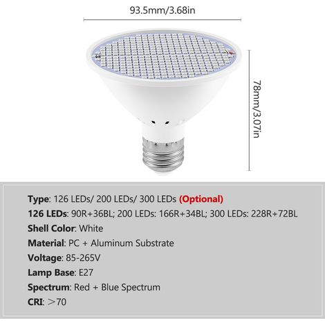 Ampoule de culture LED pour plantes d'intérieur, spectre rouge et bleu, 300 LED, E27, lampe de culture, semis, fleurs succulentes hydroponiques, serre de légumes (85-265 V) (1/5)