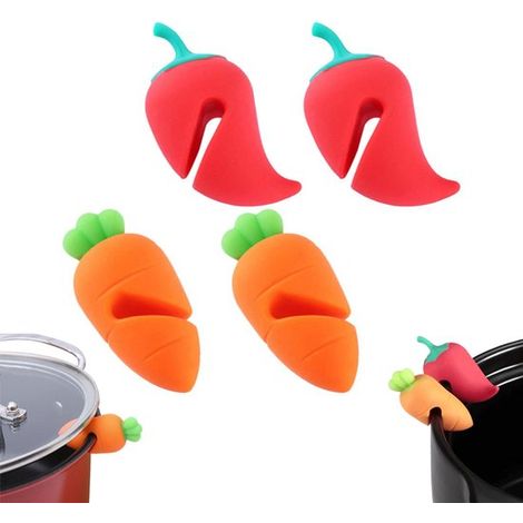 Lot de 4 - Support anti-débordement pour couvercles - Accessoires de cuisine - Rehausse-couvercles en silicone - Résistant à la chaleur - Forme carotte et poivron - Pince anti-débordement pour cassero (1/5)