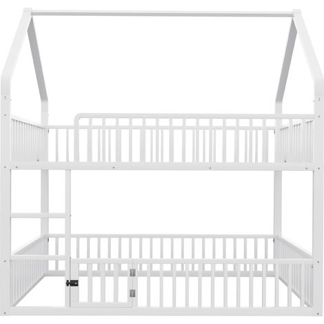 Litera metálica 140 x 200 blanca con escalera, forma de casa y puerta abatible (1/5)