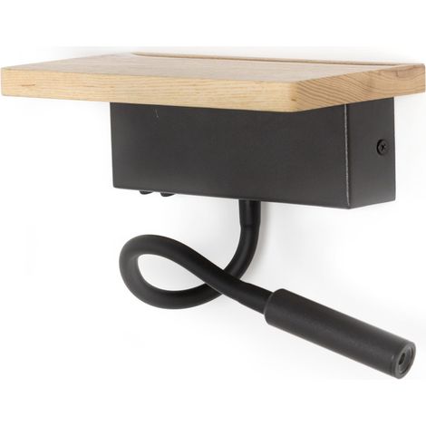 Aplique de pared LED “Bach” con USB (5W+3W 3000K 328lm+197lm) IP20 fabricado en madera y aluminio color negro mate y madera (1/5)
