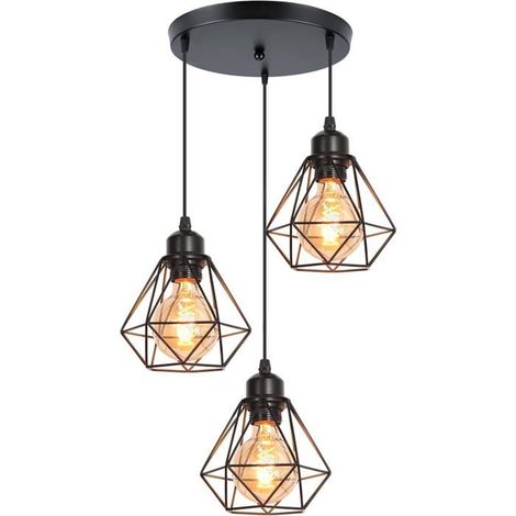 Suspension industrielle à 3 lampes, cage en métal noir, Ø 16 cm, douille E27, luminaire de plafond au design vintage (1/5)