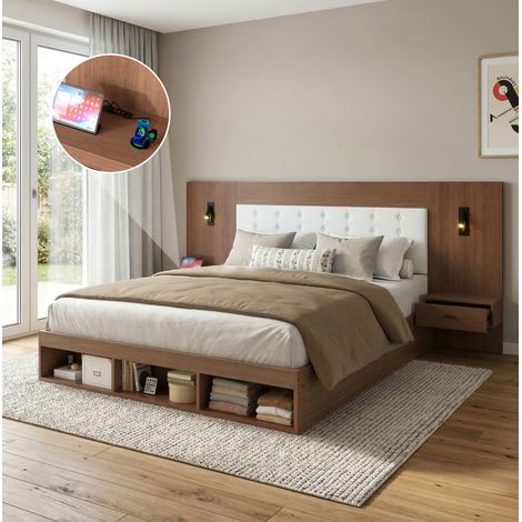Letto matrimoniale moderno in MDF noce 180x200 cm con testiera, 2 comodini, USB/Type-C, luci orientabili e vani contenitori
