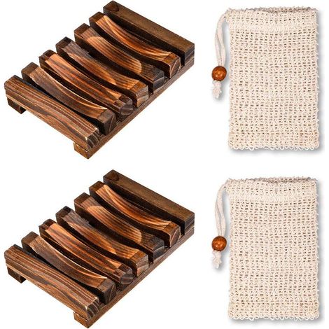 Ensemble de douche comprenant 2 porte-savons en bois, 2 sacs à savon, une boîte à savon en bambou naturel et un sac à savon bio avec cordon. Cet ensemble empêche les résidus de savon sur l'étagère de (1/5)