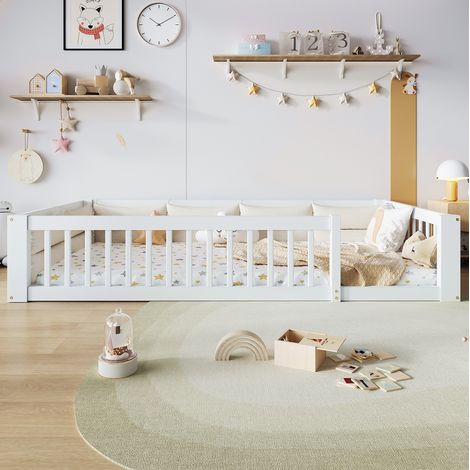 DESVIAE Lit plateforme avec barrières de sécurité et coussins 90 x 200 cm bois massif et MDF blanc (1/5)