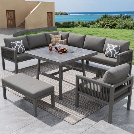 Set de jardín modular en L para 8 personas de hierro gris con mesa de cristal (1/5)