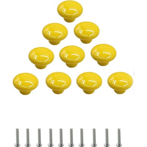 Set mit 10 runden, gelben Keramik-Schrankknöpfen mit einem Loch für Schubladen, Schränke, Kommoden und Türen (1/5)