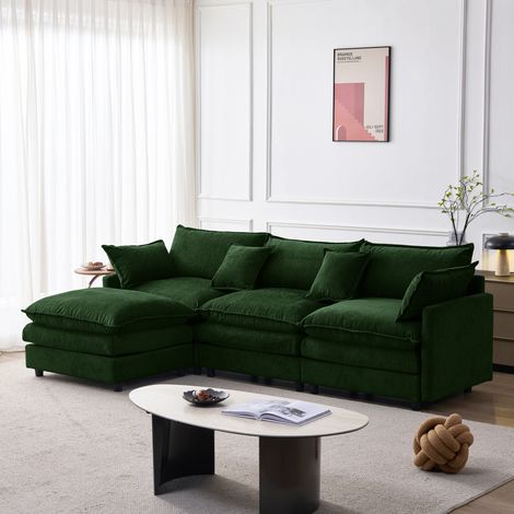 Divano angolare in ciniglia verde 3 posti con pouf modulare, L con chaise longue e rivestimento sfoderabile (1/5)