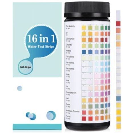 16 en 1 Bandelette Piscine et Spa, 100 Testeur PH Piscine, Bandelette Test Piscine, Testeur Piscine pour Tester la dureté, l'alcalinité Totale, le Chlore Libre, le Brome, le pH et plus