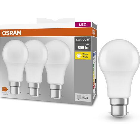 OSRAM Lampada LED BASE CLASSIC A 60 FR con attacco B22d, goccia, confezione tripla, 8.5W, 806lm, 2700K, luce bianca calda, bassa emissione di calore, basso consumo energetico, lunga durata