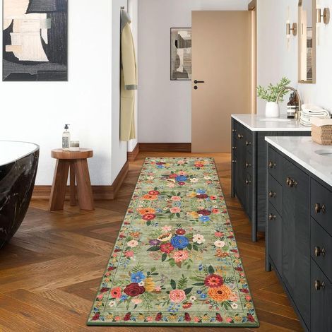 Vintage-Teppich mit Blumenmuster, 60 x 180 cm, rutschfest, waschbar, im Bohème-Stil, grün, ideal für Flur, Küche, Wohnzimmer, neben dem Bett (1/5)