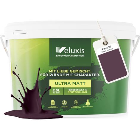 Wandfarbe Lila Braun Grau Matt Innenfarbe – Deckkraft Klasse 1, VOC-frei, Ohne Grundierung, Tropfarm – Wohnzimmer & Schlafzimmer – 2,5L – Veluxis (Beady Beetroot)