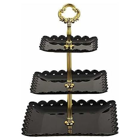 royaluxe - Présentoir à gâteau avec poignée Présentoir à gâteau à 3 niveaux Décoration de fête de mariage comme assiette de fruits et assiette de service (noir, carré) (1/5)