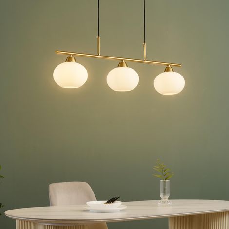 Goldene Hängeleuchte mit drei weißen Glasschirmen - Alcyone