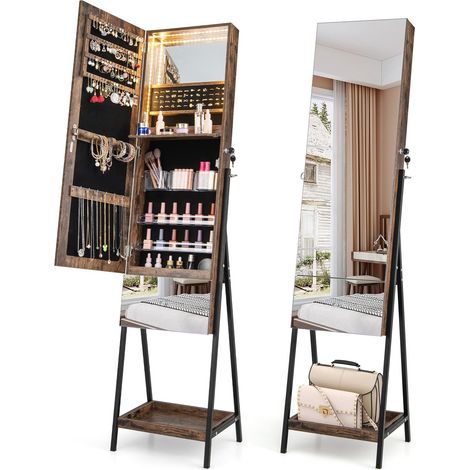 Armoire à bijoux avec miroir, verrouillable, avec 3 éclairages LED colorés, tiroirs et étagères, organisateur de bijoux autonome pour chambre à coucher, salon (marron) (1/5)