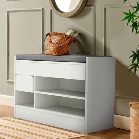 Panca scarpiera salvaspazio ingresso bianco moderno con cuscino Naiki