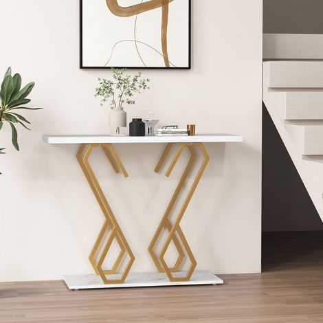 Console Faux Marbre Table Foyer Repose-pieds Réglables Cadre Métal Blanc Doré CW84094 (1/2)
