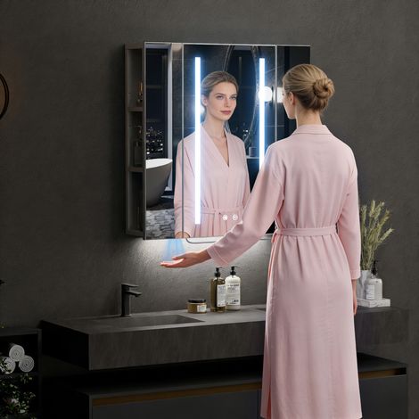 Armoire miroir antibuée 60cm loupe x10 capteur LED charge USB AC bois prise UE blanc (1/5)