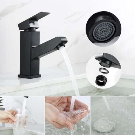 FOREHILL Robinet Mitigeur Lavabo avec Douchette Extractible, Robinet Mitigeur Salle de Bain Noir, Hauteur du Robinet 174mm (1/4)