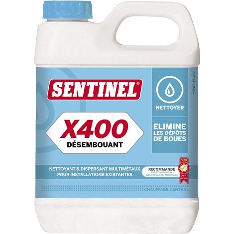 Sentinel – Désembouant X400 – Dégazeur non acide 1L – Élimine boues et magnétite – Rétablit circulation radiateurs obstrués