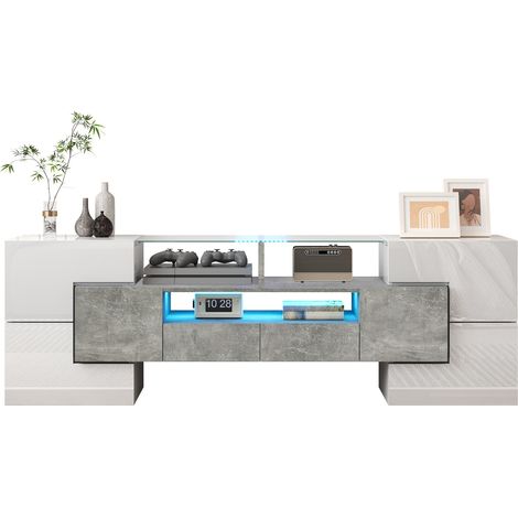 Meuble TV bas et élégant. Blanc brillant, 145 cm, éclairage LED, meuble de salon. Design moderne. Plateau en verre raffiné.