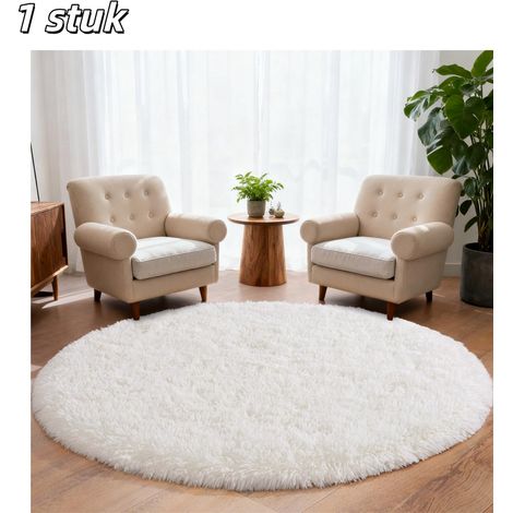 1 pièce Tapis rond blanc shaggy antidérapant diamètre 120 cm, tapis de chambre adapté au salon, chambre d'enfant, salle de jeux, dortoir etc. (1/5)