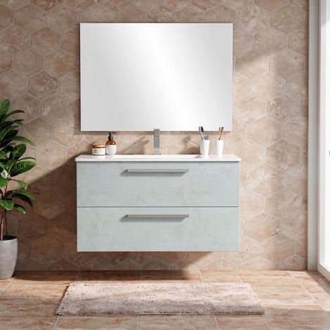 Mobile Mobiletto Bagno Sospeso Con 2 Cassettoni Soft Close Con Lavandino Lavabo In Ceramica Specchio E Led Da 30 Cm Design Moderno Nordico 57 x 80 x 45 Cm Colore Cemento Laccato - Set: Mobile Lavabo e (1/5)