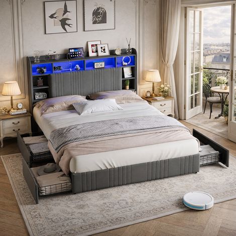 Lit Double 140x200 avec Éclairage LED et Prise USB, Lit capitonné 140x200 avec Étagères Ouvertes et Tête de Lit, Lits 2 Personnes avec 4 tiroirs et Sommier à Lattes, sans Matelas, Gris (1/5)