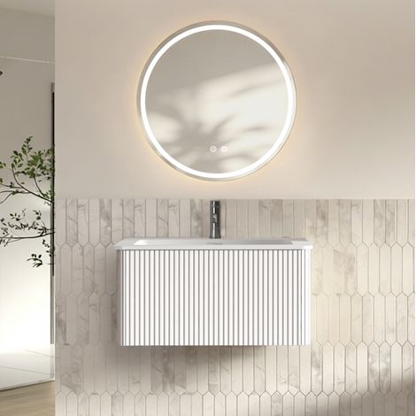 Conjunto de mueble de baño suspendido 80 cm con lavabo y espejo LED antivaho blanco OKWISH (1/5)
