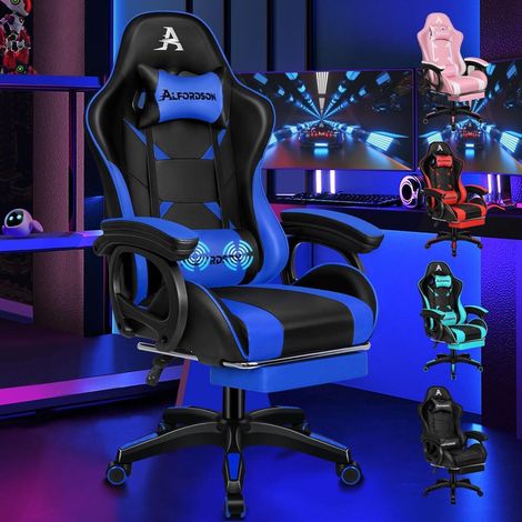 Gamingstuhl mit 2-Punkt-Massage, Fußstütze, 150° verstellbare Rückenlehne, Blau (1/5)