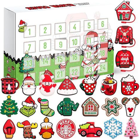 Adventskalender 2024 mit Strohhalmhaltern – 24 Tage voller Überraschungen – Weihnachtskalender mit Deckeln für Strohhalme und Becher (1/5)