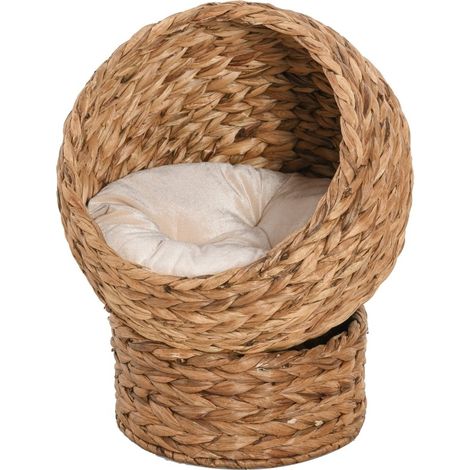 Cuccia a grotta per gatti in fibra naturale intrecciata con cuscino 50 x 42 x 60 cm marrone chiaro (1/5)