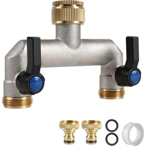 Robinet Double Voies Exterieur Jardin en Laiton G3/4" avec Adaptateur 1/2", Robinet Machine à Laver, Vanne Indépendante par Sortie, Poignée Interrupteur, pour Tuyau d'Arrosage, Lave linge (1/5)